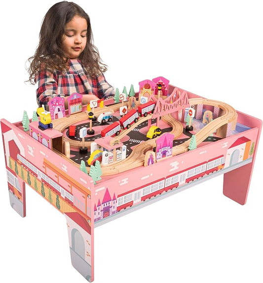 Wooden Train Set with Train Table - 75PC Play Set with Tracks, Vehicles, Buildings, Illustrated Play Surface, and Activity Table by Hey Play (Pink)