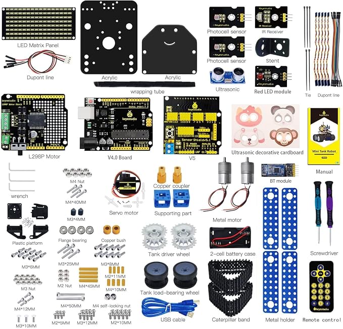 KEYESTUDIO Mini Tank Kit V2 Smart Car for Arduino, IR Infrared and App Remote Control (iOS and Android), Light and Ultrasonic Follow, 8X16 LED Panel, Ultrasonic Obstacle Avoidance,15+