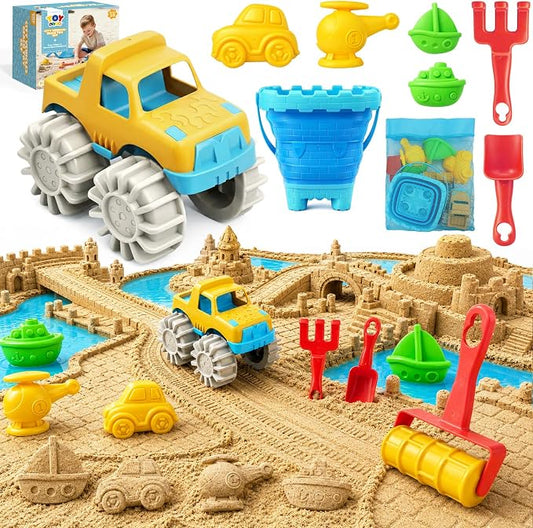 TOY Life Transportation Beach Toys for Kids Ages 3-8, Sand Toys Set with Road Roller, Truck, Vehicle Sand Molds, Collapsible Silicone Bucket, Sand Castle Building Kit for Sandbox Toys Play, Travel