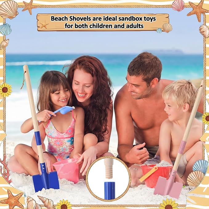 4 Pcs Detachable Kids Beach Shovels, 27" Long Kids Gardening Tools Bulk Metal Sand Shovels with Wooden Handle for Digging Shoveling Sand Snow Gardening Tools Beach Toys Gifts (Blue, Pink)
