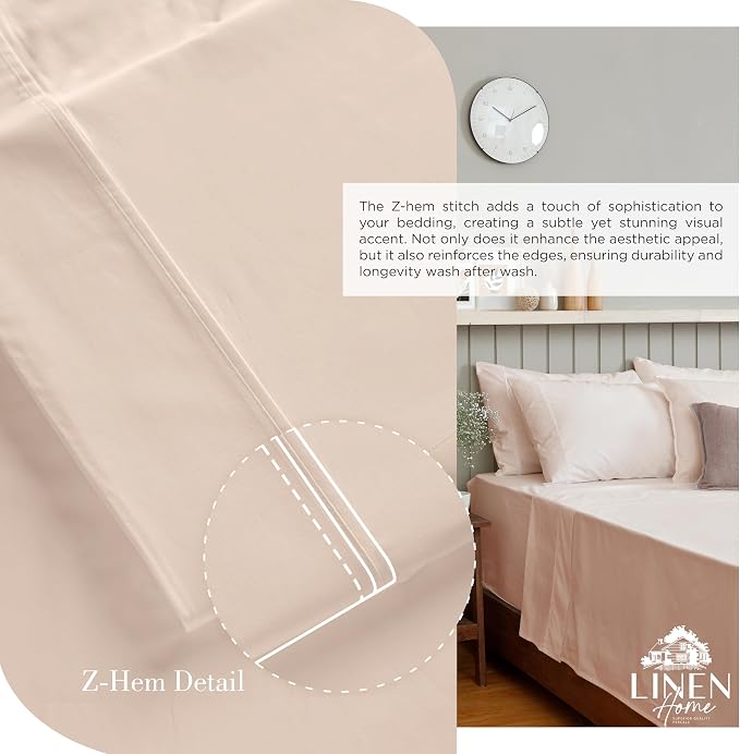 Linen Home 100% Cotton Percale Sheets Queen Size, Sand Shell, Deep Pocket, 4 Pieces Set - 1 Flat, 1 Deep Pocket Fitted Sheet and 2 Pillowcases, Crisp Cool and Strong Bed Linen