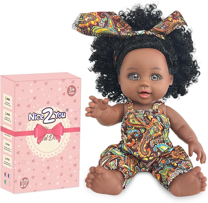 Nice2you Black Baby Doll, 10 inch American African Girl Doll with Dress, Realistic Reborn for Kids Aged 2 3 4 5 6, Silicone Small Toy Curly Hair Birthday Gift, Brown, BD-1