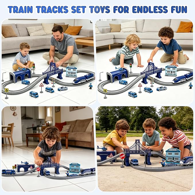 Wdmiya Train Sets for Toddlers, 66 Pcs Trains Toy with Battery Operated & Tracks (Magnetic Connection), Compatible with Thomas, Brio, Christmas Toy Gifts for 3 4 5 6 7 8 Years Old (Police)