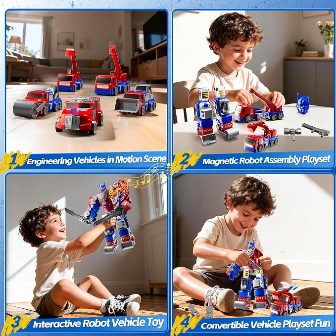 5-in-1 Robot Toys Cars for Kids 3-5, Magnetism Transforming Robots, Detachable Construction DIY Assembling Vehicle Sets, Educational Toys for Boys Girls 3 4 5 6 7 8, Birthday Gifts