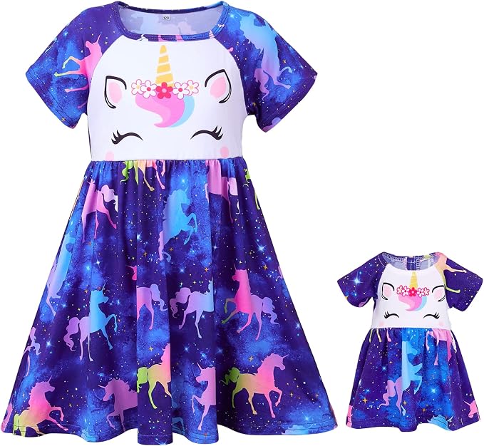 Play Tailor Doll and Girl Matching Nightgown Unicorn Outfit Pajamas Night Dress for Girls and 18" Dolls Clothes