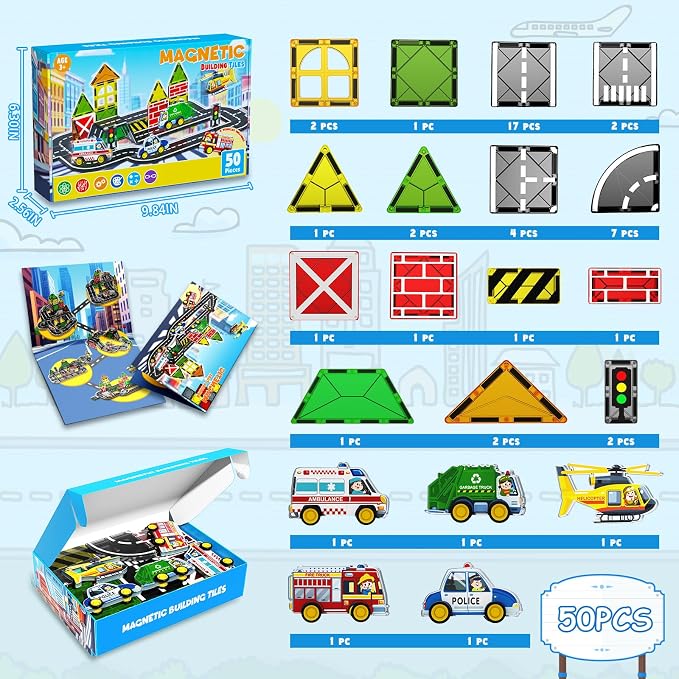Magnetic Tiles Road Car Set,Magnetic Building Blocks for Kids, Learning Sensory Montessori Toys for 3-8 Year Old Boys Girls, Birthday Gifts for 3-8 Year Old Boys Girls, STEM Toys for Toddler
