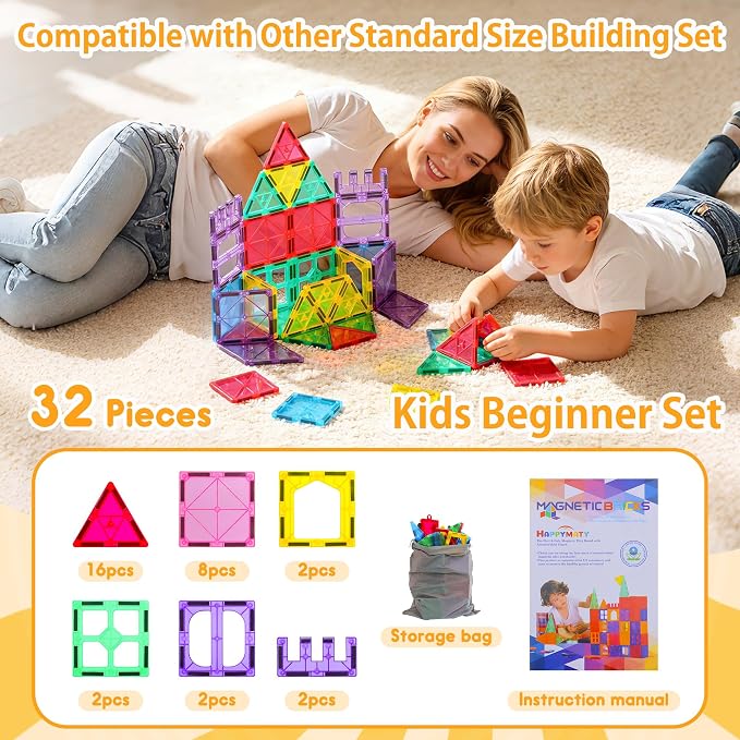 Antibacterial Magnetic Tiles 32PCS, STEM Toy for Kids Aged 3+ | Bacteria resistant, Safer play, EPA-registered, Fits other brands, ABS plastic, Montessori toy, Daycare, Classroom gift