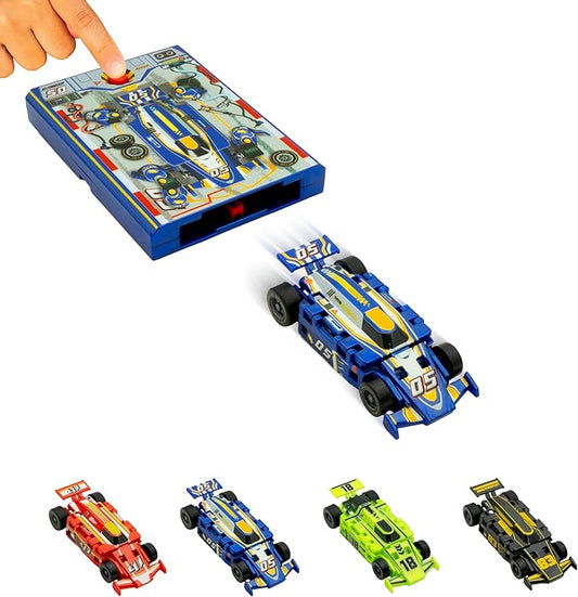 FLAT 2 FAST Original Speed Card Racer – Flat Car Racer and Pocket Size Racecar Launcher with Real Rubber Tires for High-Speed Racing – Transforming Toy Car for Boys – Load, Launch, Race! – Cobalt Blue