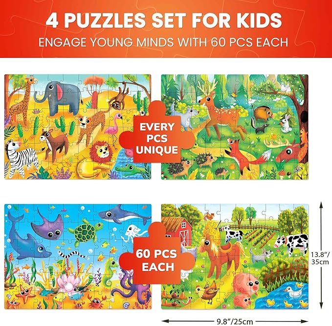 QUOKKA Puzzles for Kids Ages 4-6 - Set of 4 x 60 Pieces Jigsaw Preschool Puzzles for Toddlers 3-5 - Animals and Ocean Toys for Children Ages 6-8 - Gift for Kindergarten Boys and Girls 7-10 Year Old