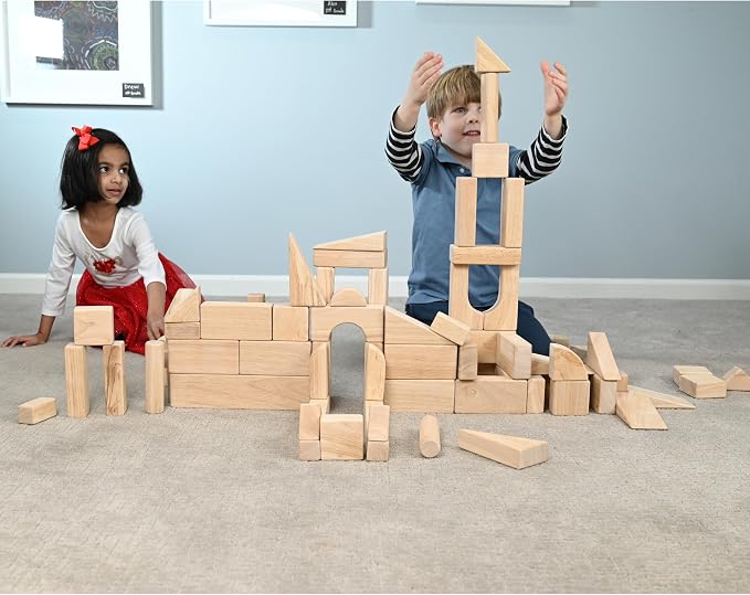 Constructive Playthings Wooden Blocks for Kids, 82-Piece Set with 13 Shapes, Educational Toy for Ages 2+, Ideal for Classrooms, Early Learning, Cooperative Play