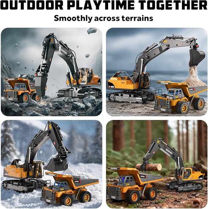 GraceDuck Remote Control Excavator and Dump Truck Toys Set, RC Construction Vehicles Toy with Alloy Bucket, Rock Breaker, Grapples, Lights and Sounds, Christmas Birthday Gifts for Boys Age 3+