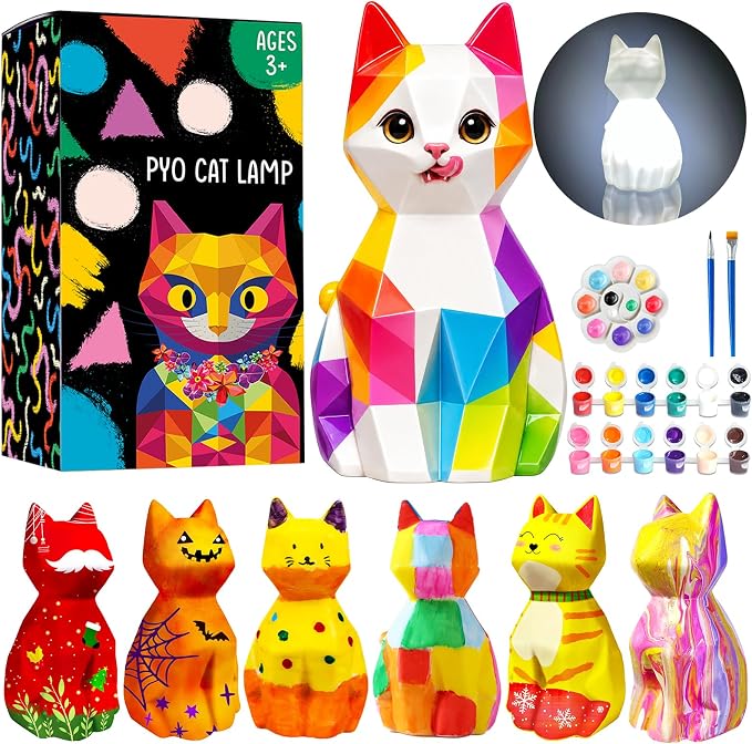 FUNZBO Paint Your Own Cat Lamp Kit - Arts and Crafts Supplies Kitten Painting for Kids Teens, DIY Night Light Toy for Girls Boys Age 3 4 5 6 7 8 9 10 11 12 13 Birthday Gifts