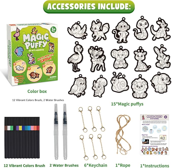 3D Art Kit Aqua Magic Puffs Animals, 15 Mess-Free Paint by Number Craft for Kids, DIY Coloring Kits,Christmas&Travel Gifts & Stocking Stuffer for Girls and Boys, Art Projects with Puff Markers