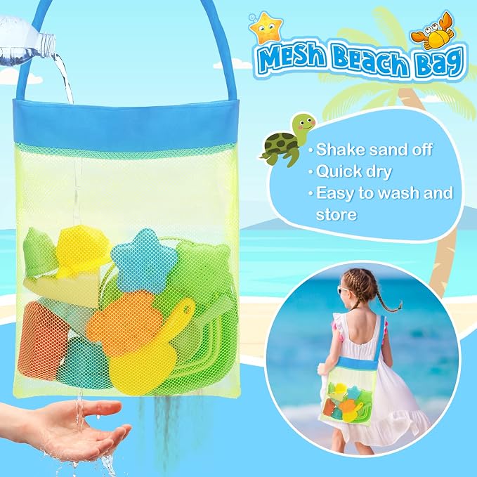 RACPNEL Collapsible Beach Toys for Kids, Foldable Sand Bucket and Shovels Set with Mesh Bag, Sand Castle Building Kit, Sandbox Toys, Travel Sand Toys Beach Essentials for Toddlers Age 3-10