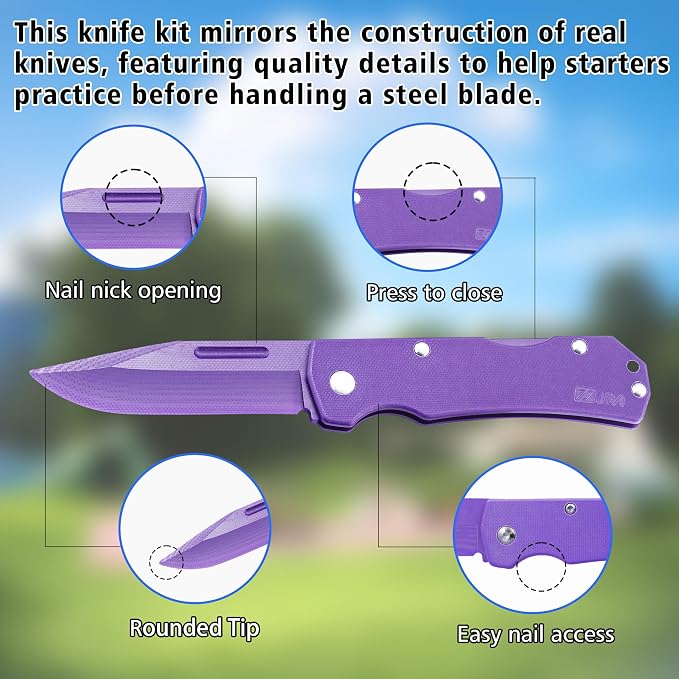 JIN Alpha Safe Pocket Knife, DIY Making Kit, Fake Knives for Starters, Dull G10 Blade, Folding EDC, Purple G10 Handle, Camping Tool