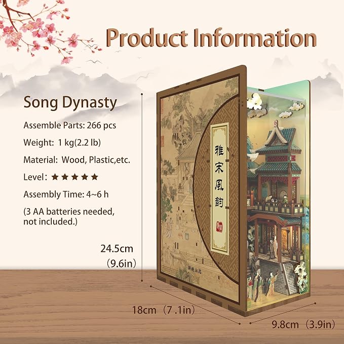 Tonecheer DIY Book Nook Kit for Adults, Wooden 3D Puzzle Bookend Bookshelf Insert Decor, Chinese Booknook Miniature House Kit with Dust Cover and Body Motion Sensor LED (Song Dynasty Culture)