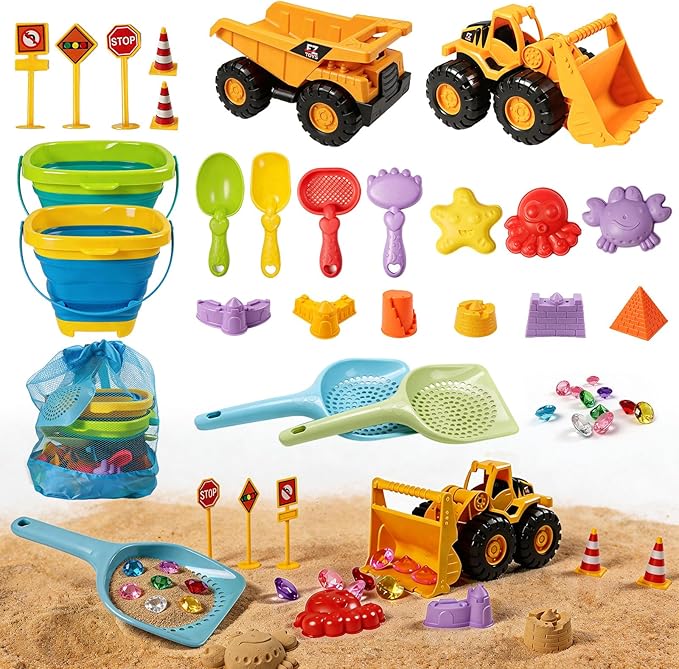 UBeesize 37 PCS Beach Toys , 3-in-1 Construction & Treasure Hunt Sand Toys with 2 Collapsible Buckets, 2 Trucks, Castle Building Kit, Sand Sifter and Shovels, Mesh Bag Sandbox Toys for Toddler 3-10