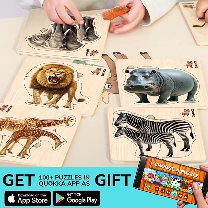 QUOKKA Realistic Wooden Puzzles for Toddlers 1-3 Year Old - 5,9 x5,9 Inches Kids Puzzles Ages 2-4 - Safari Montessori Toddler Toys - Motor Skills Games Gifts for Boys and Girls