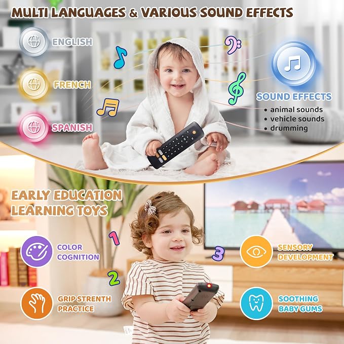 Baby TV Remote Toy - Realistic Play Remote toy with Lights and Sounds, 3 Languages (English, Spanish & French), Learning Musical Toys, Preschool Infant Boys Girls Toys Gift for 1 2 Year Old, Black.
