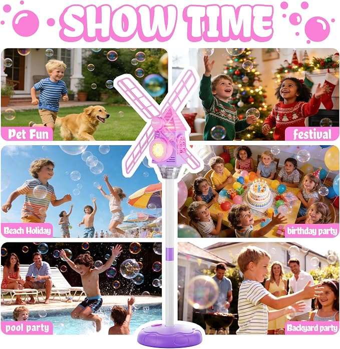 Windmill Bubble Machine for Kids, 51" Adjustable Height Standing Bubble Maker with Lights & Music, 10-Hole Battery Operated Bubble Blower with 130ml Tank, Outdoor Backyard Party Toys for Toddlers