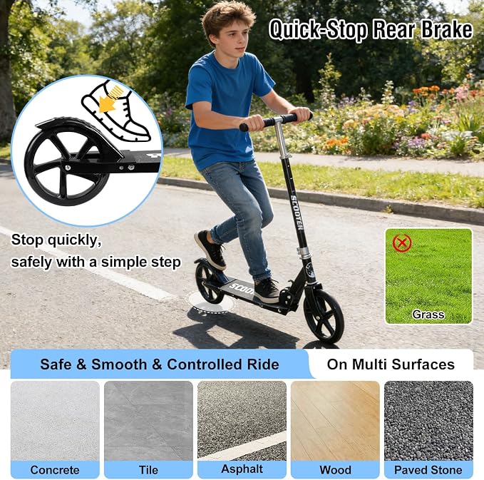 Scooter for Age 6+, Folding Kick Scooters for Kids 8-12,Teens, Adults up to 250Lbs,3 Adjustable Heights, Rear Brake, Wide Antislip Deck, Lightweight Scooter for Boys Girls
