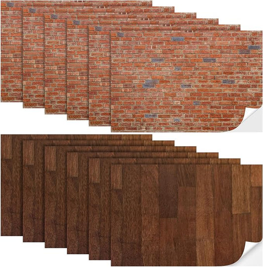 Flutesan 12 Pcs Miniature Dollhouse Wallpaper and Flooring Peel and Stick Mini DIY Self Adhesive Dollhouse Accessories 8.27 x 11.69 Inch (Elegant Style,Red Clinker)