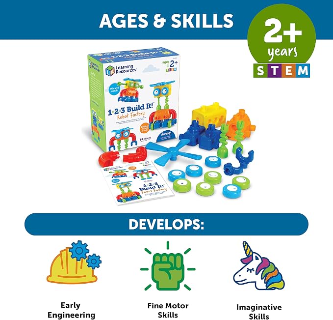 Learning Resources 1-2-3 Build It Robot Factory - Building Robots for Kids, Robot STEM Toys, Kids Engineering Toys, Toddler STEM Activity, Robots Building Kit