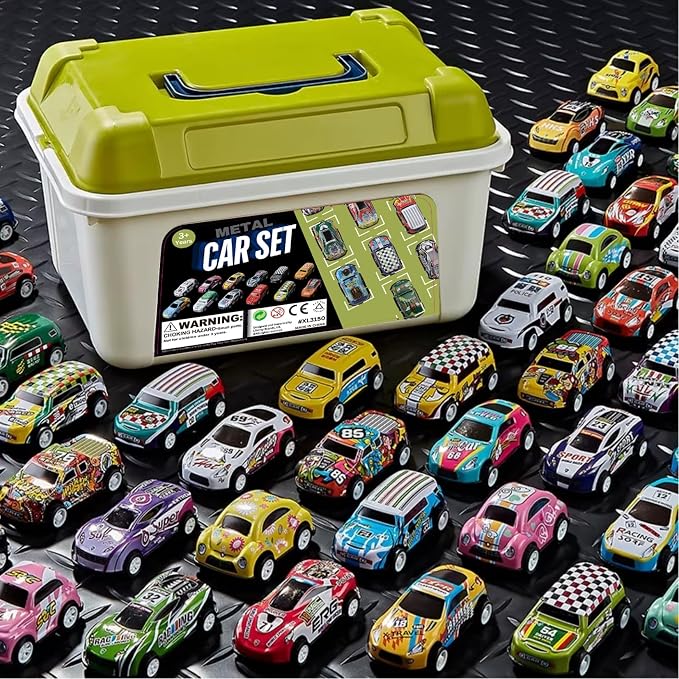 Liberty Imports 50-Pack Pull Back Cars for Kids, 1:64 Scale Mini Car Toys Bulk Metal Race Vehicles in Storage Bucket - Party Favors Goodie Bag Stuffers Classroom Prizes for Boys Girls Toddlers