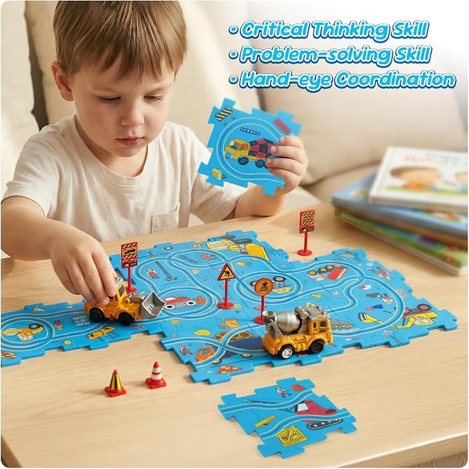 Plastic Puzzles for Kids Ages 3-5 with Toy Car Bulldozer + Cement Mixer, Gift Toys for 3 4 5 6 Year Old Boys Girls, Toddler Puzzles Gift, Critical Thinking Educational Toys