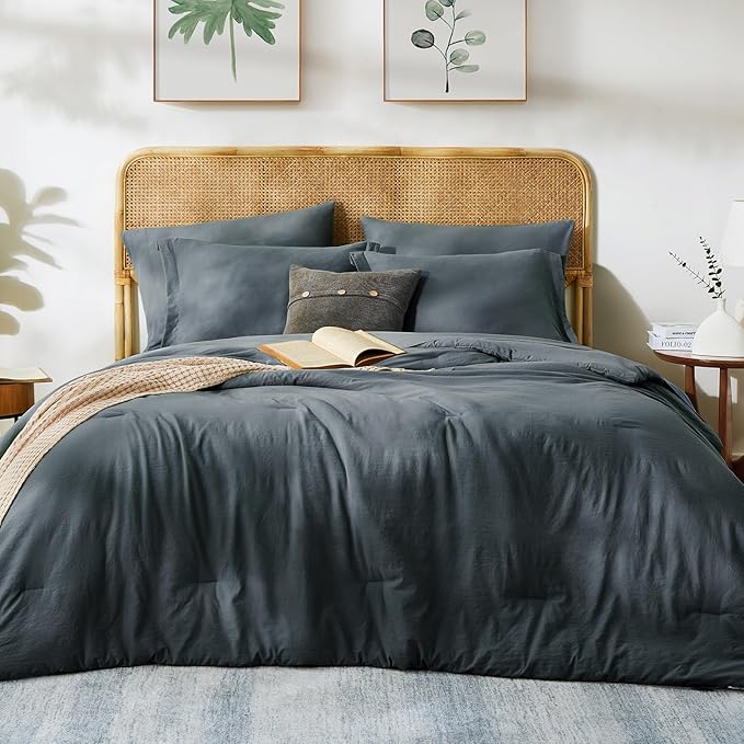 WRENSONGE King Size Comforter Set- 7 Pieces Blue Grey Bed in a Bag King with Fitted Sheet, Flat Sheet, 2 Pillow Shams, and 2 Pillowcases-Warm King Bedding Set for All Season