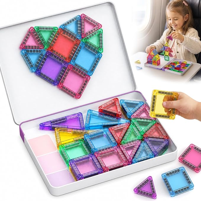 Magnetic Tiles for Kids Travel: 40pcs Portable Mini Building Toy - 30-Sec Iron Case Opens Into 10.6-Inch Play Board - STEM Gift for Toddlers Ages 3-6 - Airplane Road Trip Restaurant