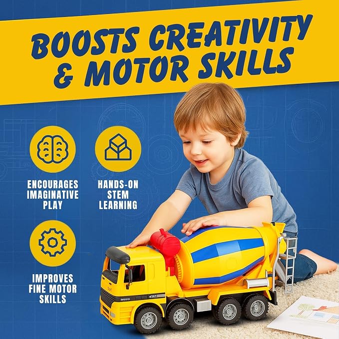 Liberty Imports 15" Oversized Construction Truck Toys for Kids – 1:22 Scale Friction Powered Vehicles with Realistic Moving Parts (Cement Mixer)