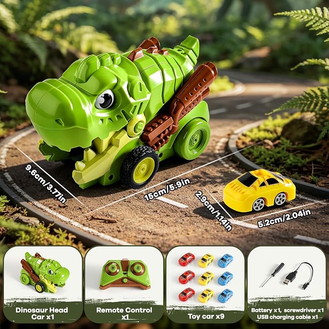 Remote Control Dinosaur Truck Toy Eats Cars for Kids 3-7 | RC Tyrannosaurus, 9 Mini Magnetic Cars, 2 Speed, 2.4G Rechargeable, Birthday Holiday Gift for Dino & RC Cars Lover