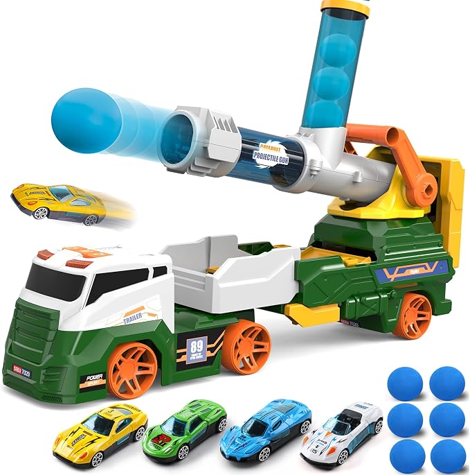 Dwi Dowellin Trucks Toys for Kids, 28" Large Car Toys Include 4 Racing Cars+6 Ball, with Light & Sounds, Eejection&Shooting Transport Cars Toy Truck, Birthday Gifts for Boys Girls-Green