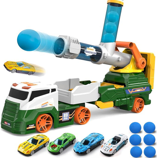 Dwi Dowellin Trucks Toys for Kids, 28" Large Car Toys Include 4 Racing Cars+6 Ball, with Light & Sounds, Eejection&Shooting Transport Cars Toy Truck, Birthday Gifts for Boys Girls-Green