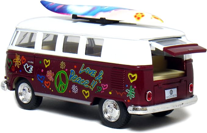 KiNSMART 1962 Volkswagen Classic Bus 1:32 Scale 5" Die Cast Metal Model Toy Van Pullback Acation (4 Set Surfboard Flower Power)