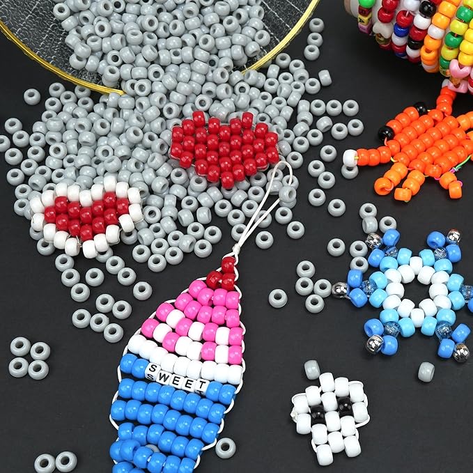 Dowsabel Grey Pony Beads Bulk 1000 Pcs 6x9mm, Large Hole Kandi Hair Beads for Braids Bracelets, DIY Friendship Bracelets Necklaces Jewelry Making Crafts and Gifts
