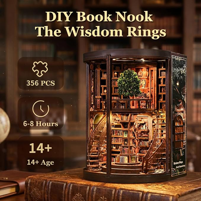 fifijoy DIY Book Nook Kit for Adults - 3D Wooden Puzzle Miniature House Kit with LED Light, Miniature Dollhouse Library Bookshelf Insert Decor, Creative Gift for Family, Friends (Wisdom Rings)