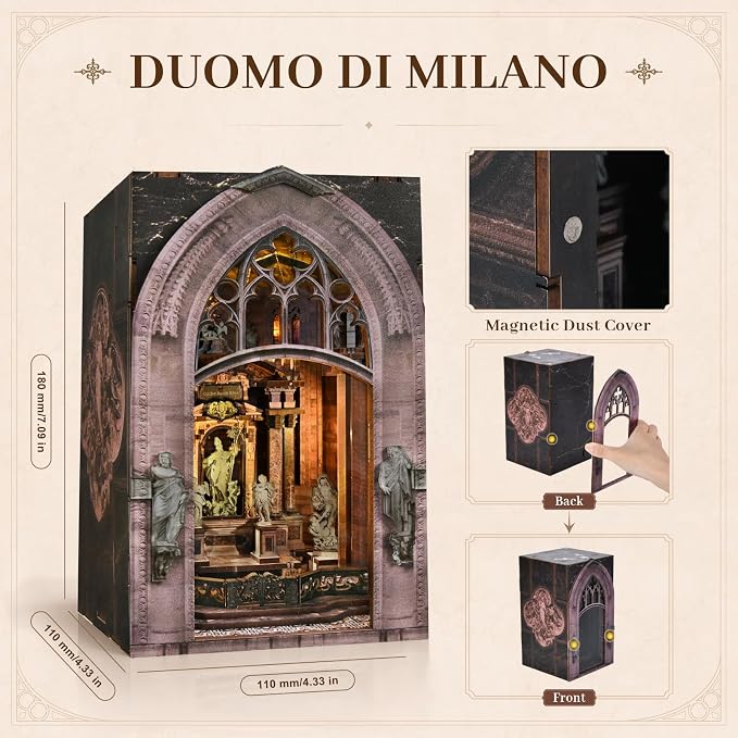 2 Pack DIY Book Nook Kit, Pantheon & Duomo di Milano Architecture Miniature with LED Light & Dust Cover, Dynamic Moving Light Effect, Easy Assembly Wooden Craft for Adults Bookshelf Decor