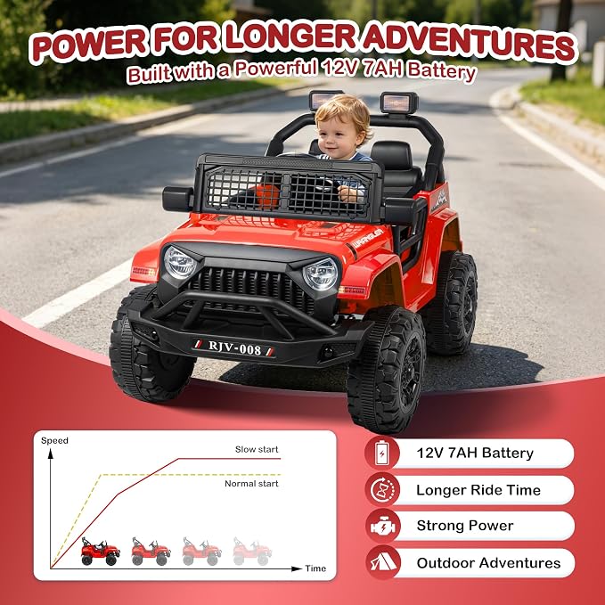 12V 7AH Kids Ride-On Truck Car, Electric Car with Parent Remote Control, Spring Suspension, LED Lights, Bluetooth, Music, Bright Red