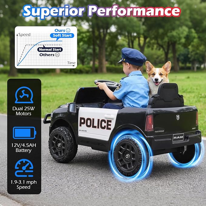 Costzon Police Car Ride On, 12V Licensed RAM Kids Electric Vehicle w/Remote Control, LED Lights, Music, Horn & Wireless Connection, Soft Start, Kids Car Toyt for Boys Girls (1-Seater,Police Dark)