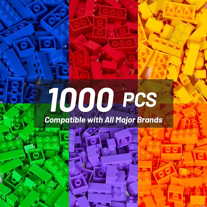 Pairez Toys 1000 Piece Blocks for Building, Bulk 2x4 Basic Bricks Building Set, Compatible with All Major Brands, STEM Building Toys for Kids Ages 4 5 6 7 8 (Rainbow)