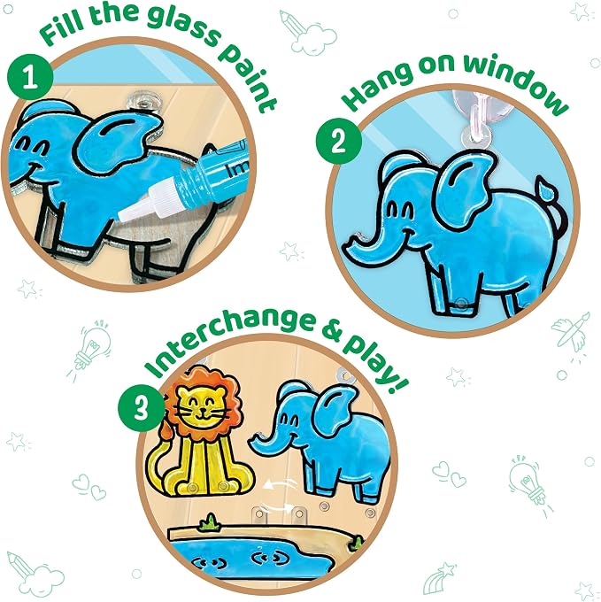 Imagimake Window Art Jungle | Low Mess Suncatcher Kit | 16 Pieces Glass Painting Set | Kids Activities Ages 5-8 | DIY Craft Kit | Birthday Gift for Boys & Girls Ages 5,6,7,8,9,10,12 Years Old