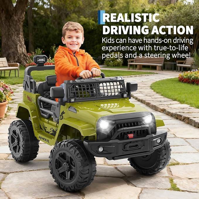 Ride on Truck Car 12V Kids Electric Vehicles with Remote Control Spring Suspension, LED Lights, Bluetooth, 2 Speeds