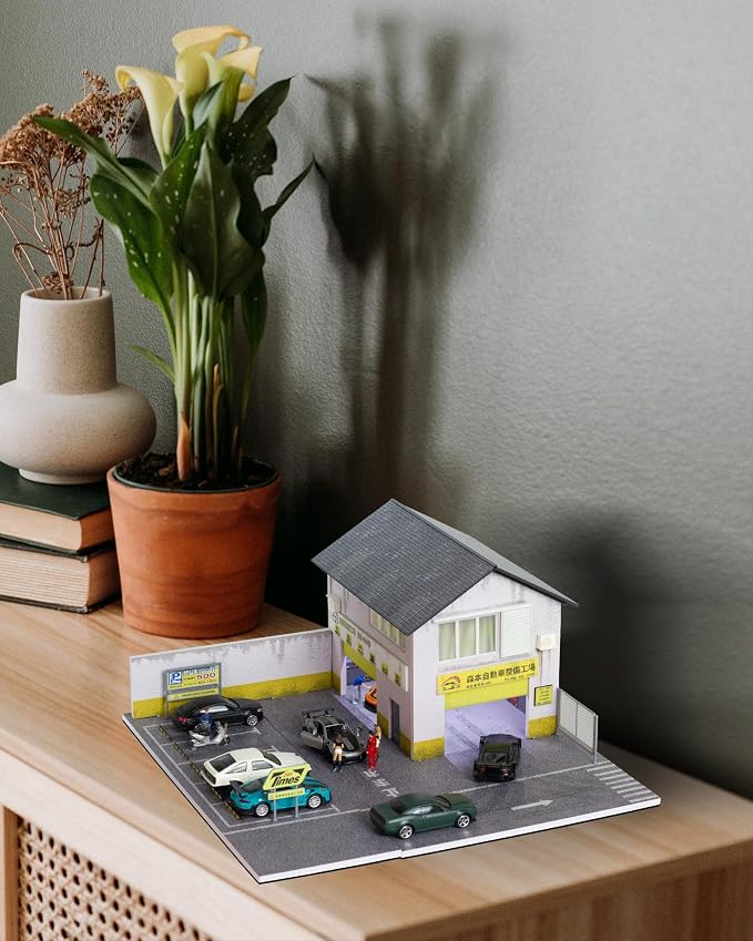 1/64 Scale Display Case Car Garage Model, Morimoto Factory Cover Diecast Diorama Box Decorative Miniature Scene with LED Light 5 Parking Spaces for Toy Car Display and Storage