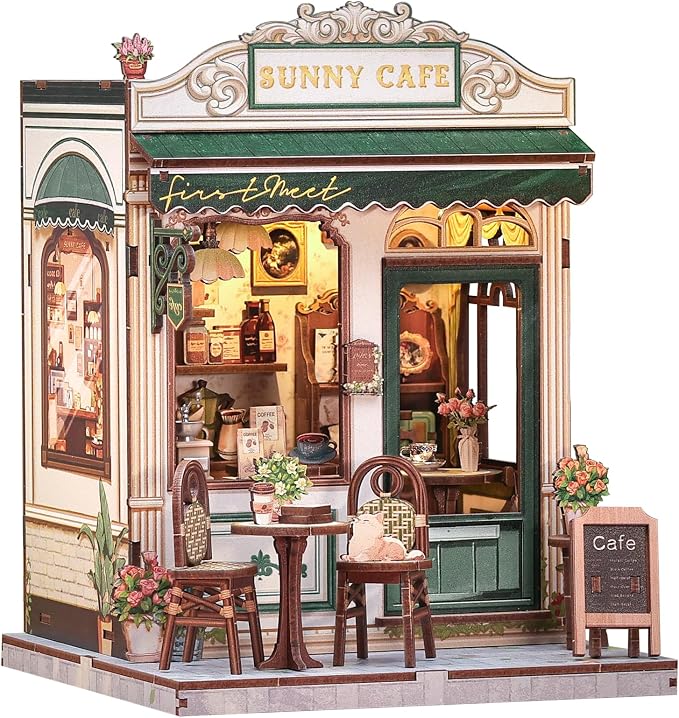 Cutefun Book Nook Kit - DIY Miniature Coffee Shop Dollhouse Kit for Adults and Teens, 3D Wooden Puzzle Bookshelf Insert Decor with LED Light, Gifts for Book Lovers and Beginners (Sunny Cafe)