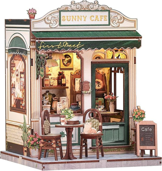 Cutefun Book Nook Kit - DIY Miniature Coffee Shop Dollhouse Kit for Adults and Teens, 3D Wooden Puzzle Bookshelf Insert Decor with LED Light, Gifts for Book Lovers and Beginners (Sunny Cafe)