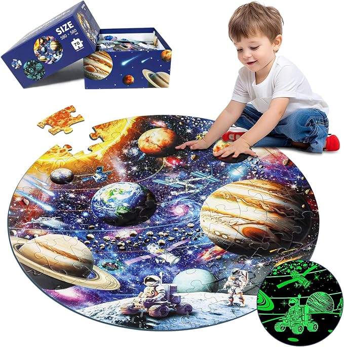 Glow in The Dark Solar System Jigsaw Puzzles for Kids Ages 4-8, 70 Pieces Kids Space Planet Floor Puzzle Toys Ages 8-10, Large Round Educational Puzzle Toys Easter Gifts for Kids Boys Girls