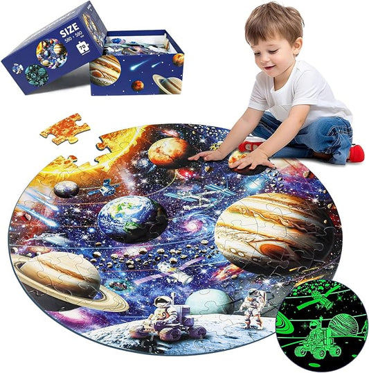 Glow in The Dark Solar System Jigsaw Puzzles for Kids Ages 4-8, 70 Pieces Kids Space Planet Floor Puzzle Toys Ages 8-10, Large Round Educational Puzzle Toys Easter Gifts for Kids Boys Girls