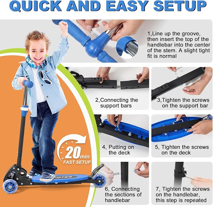 Scooters for Kids 6-8 8-12, Folding 3 Lighted Wheels Kick Scooter,3 Adjustable Height Handlebars, Lean-to-Steer,Widen Anti-Slip Deck, Heavy Duty Scooter for Boys Girls Ages 6-12,up to 170 Lbs